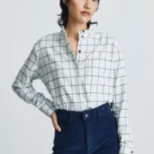 Everlane Organic Cotton Ruffle Flannel Top, Ice Blue Plaid, Size M